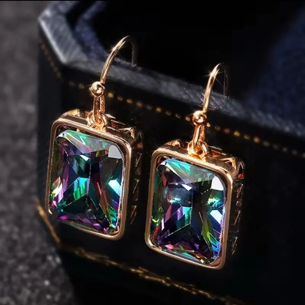 NEW GOLD MYSTIC TOPAZ COLORFUL PRISM SQUARE FILIGREE EARRINGS